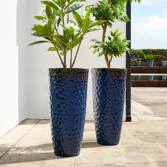 Glitzhome&reg; 31" Eco-Friendly Honeycomb Textured Tall Plastic Planters, 2ct. Cobalt Blue {3}