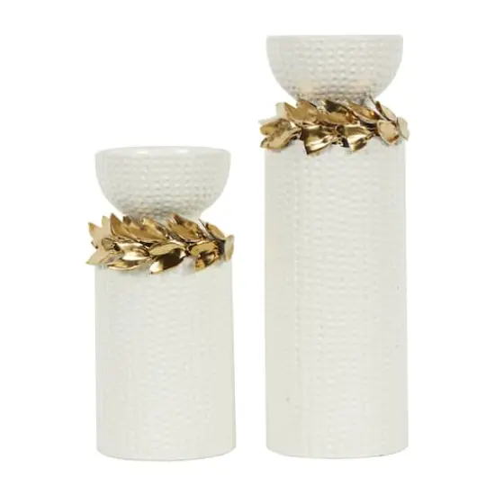 White Abstract Spotted Ceramic Pillar Candle Holder Set with Gold Leaf Accents {1}