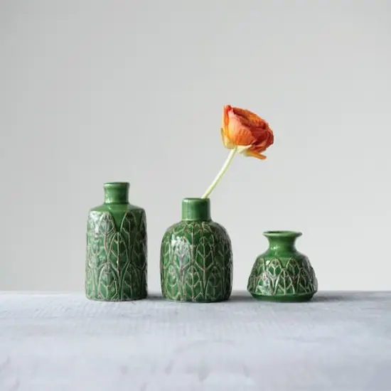 Hello Honey&reg; Green Embossed Stoneware Vases Set {4}