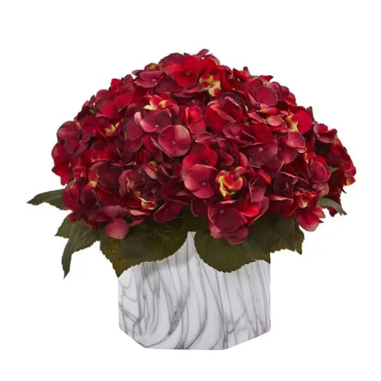 14" Red Hydrangea in Marble Finished Vase {1}