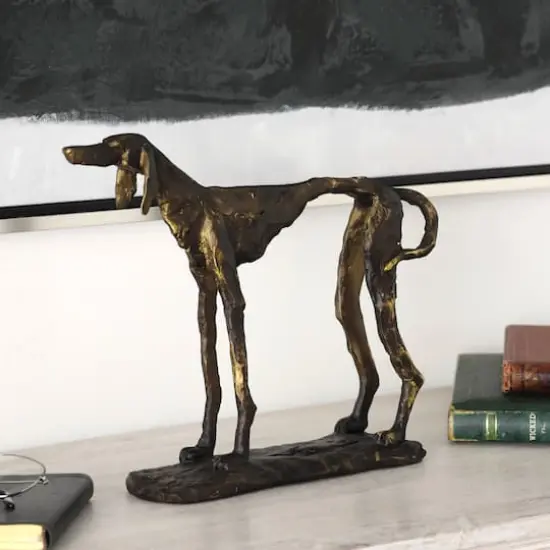14" Bronze Polystone Distressed Slim Frame Dog Sculpture with Gold Accents {3}