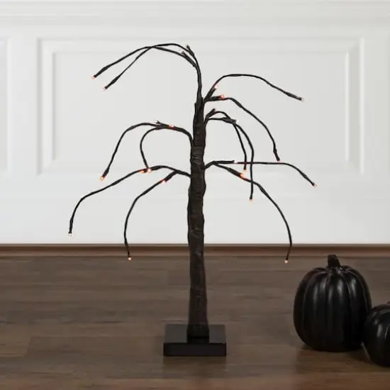 24" LED Lighted Black Weeping Halloween Twig Tree, Orange Lights {3}