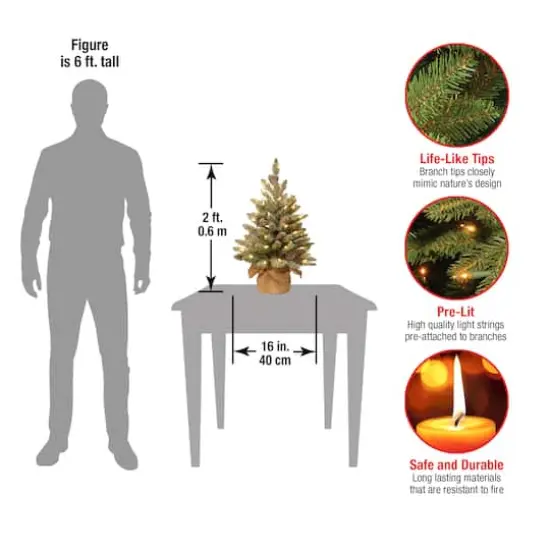 2ft. Snowy Concolor Fir Small Artificial Christmas Tree In Burlap With Snowy Cones, Warm White LED Lights {5}
