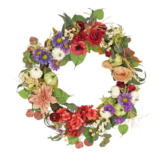 30" Harvest Serenity Mixed Flower & Pumpkin Wreath {1}