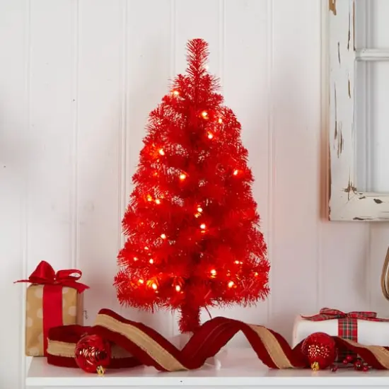 2ft. Pre-Lit Red Artificial Christmas Tree, Warm White LED Lights {7}