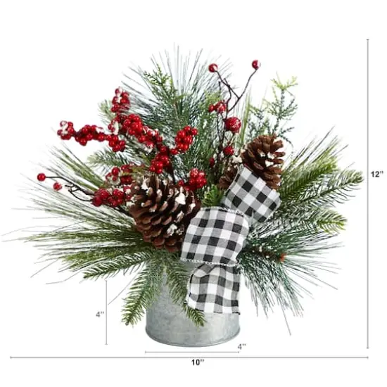 12" Frosted Pinecones & Berries Artificial Arrangement in Vase with Decorative Plaid Bow {3}