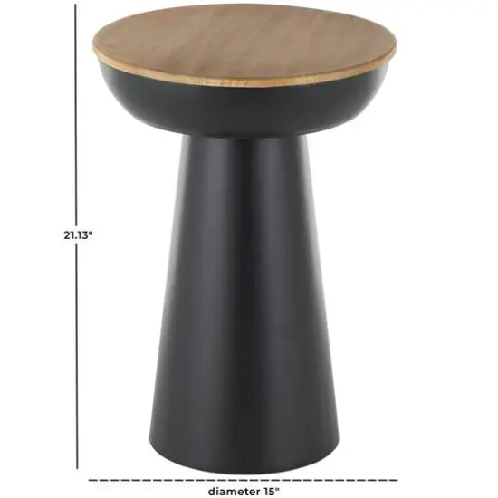 21" Black Metal Pedestal Accent Table with Brown Wood Tabletop {8}