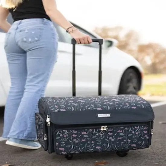 Everything Mary Pink & Gray Floral 4 Wheel Collapsible Deluxe Sewing Machine Storage Case {6}