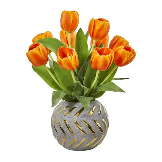 15" Orange Tulip Arrangement in Decorative Ceramic Vase {1}