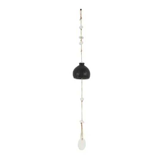 23" Black Ceramic Handmade Curved Bell Windchime with Cascading White Disks {1}