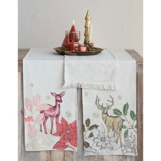 Hello Honey&reg; 72" Natural White Cotton & Linen Printed Table Runner with Flora/Fauna Pattern & Metallic Gold Thread Embroidery {3}