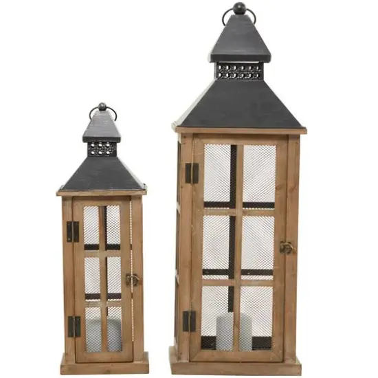 Brown Wood Lighthouse Style Candle Lantern Set {3}
