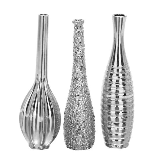 13" Silver Ceramic Glam Vase Set {1}