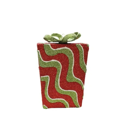 Glitter Red And Green Swirl Shatterproof Gift Box Ornament {1}