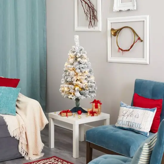 3ft. Pre-Lit Flocked Rock Springs Spruce Artificial Christmas Tree, Clear LED Lights {7}