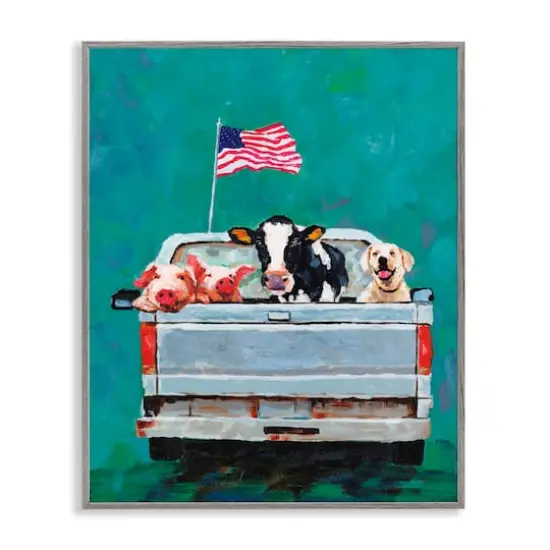 Stupell Industries Farm Animals Pickup Truck Waving American Flag Framed Giclee Art Gray {1}