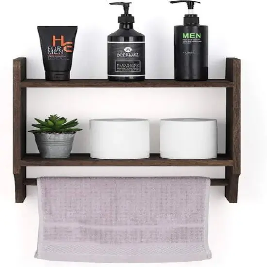 2-Tier Wood Wall Mounted Bathroom Shelf with Towel Rack Brown {8}