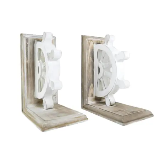 Distressed Vintage Nautical Wheel Wood Bookends (Set of 2) {1}