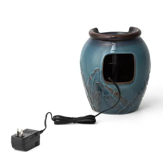 Glitzhome&reg; 9.25" LED Turquoise Leaf Textured Ceramic Jar Tabletop Fountain {8}