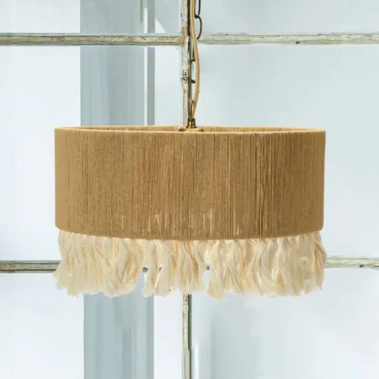 Hello Honey® 16" Brown Coastal Pendant Lamp with Natural Paper Rope Shade, Fringe Detail and Iron Base {4}