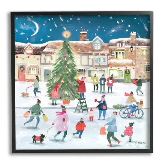 Stupell Industries Christmas Tree Town Scene Framed Giclee Art Black {1}