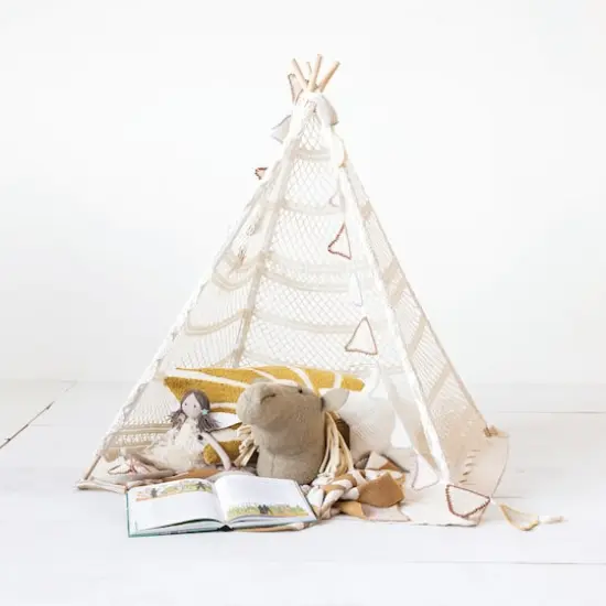 Hello Honey&reg; 43.5" Natural Reclaimed Cotton Crocheted & Teakwood Teepee with Mat {3}