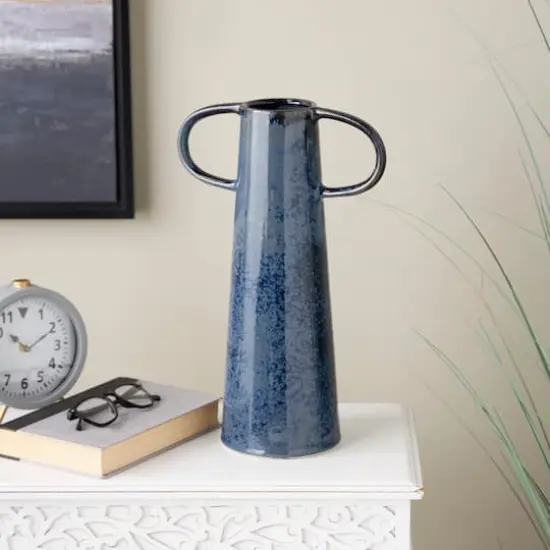16" Dark Blue Ceramic Textured Cone Vase with Curved Handles {3}