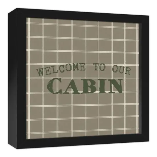 Welcome To Our Cabin Taupe and White Check Canvas Wall Art in Black Frame {3}