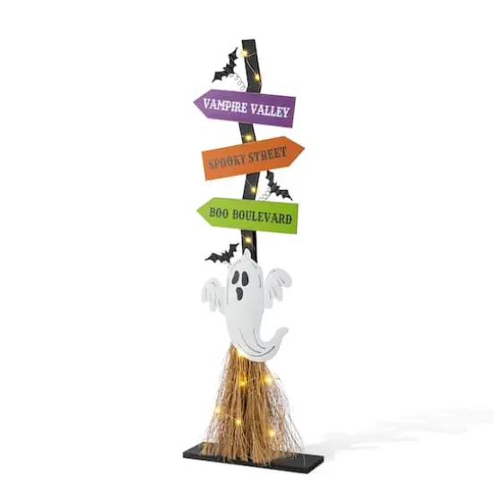 Glitzhome&reg; 41.75"H Lighted Halloween Wooden Ghost's Broom Porch Decor {1}