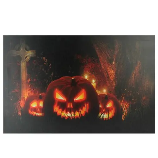 LED Lighted Jack-O-Lanterns in a Cemetery Halloween Canvas Wall Art {1}