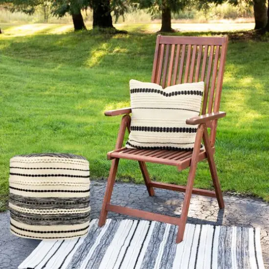 18" Cream & Black Woven Stripes Outdoor Pouf Ottoman {3}