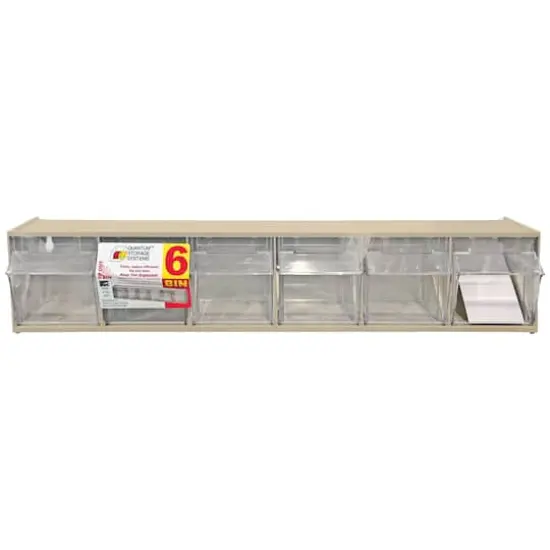 Quantum Storage Systems&reg; 4.5" x 23.625" Ivory 6 Compartment Storage Box with Clear Tip Out Bins {1}