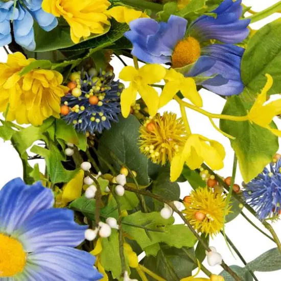 24" Yellow & Blue Daisy & Cosmos Floral Spring Wreath {6}