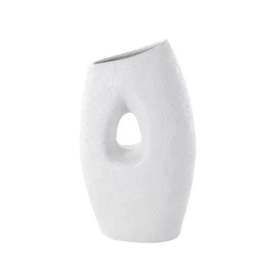15" White Ceramic Abstract Textured Vase with Cutout Center {7}