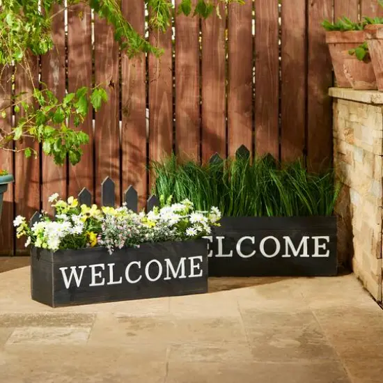 Glitzhome&reg; Black Wood WELCOME Fence-Inspired Planter Stand Set {3}