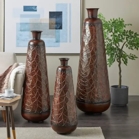 Dark Brown Hammered Texture Metal Vase Set {3}