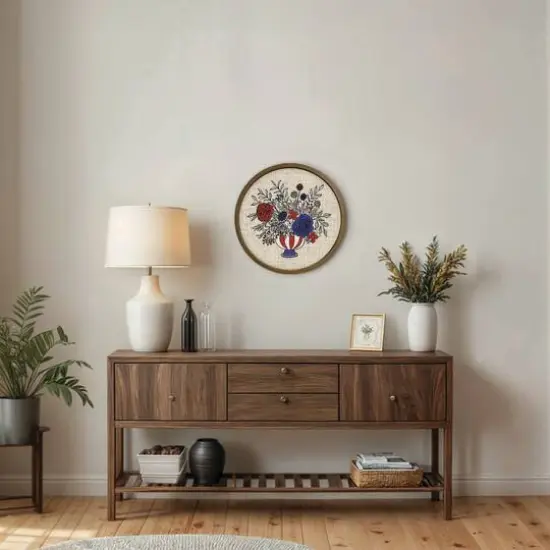 20" x 20" Red, White & Blue Florals Round Framed Print Brown {6}