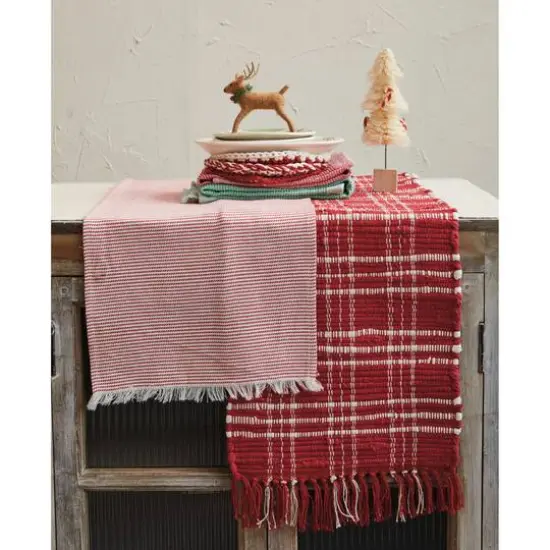 Hello Honey&reg; 108" Red & White Woven Cotton Table Runner with Stripes & Fringe {3}