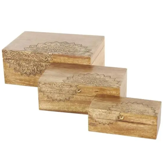 Brown & Gold Handmade Storage Box Set with Carved Mandalas Set {1}