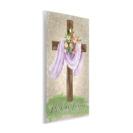 Stupell Industries He Has Risen Spring Floral Cross Brown Damask Pattern Wall Plaque Art {4}