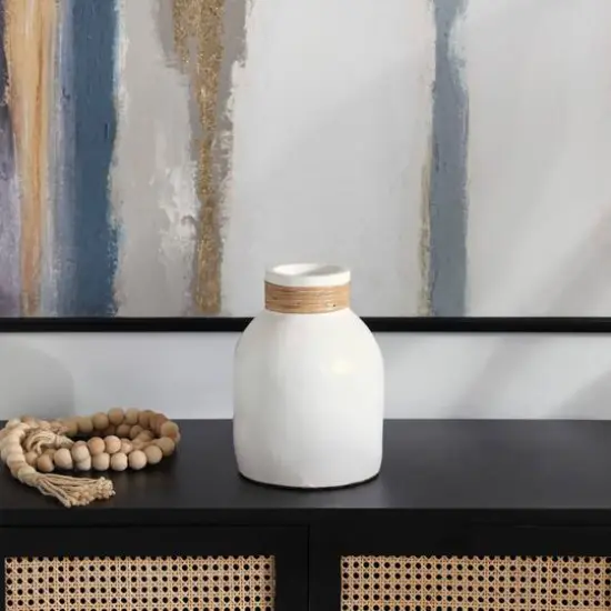 11" White Ceramic Vase with Wrapped Rattan Detailing {7}