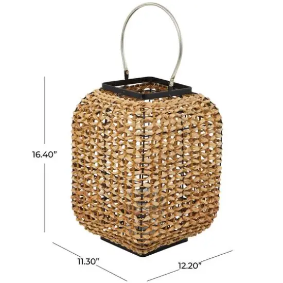 16" Brown Dried Plant Handmade Candle Lantern with Glass Holder and Handle {6}