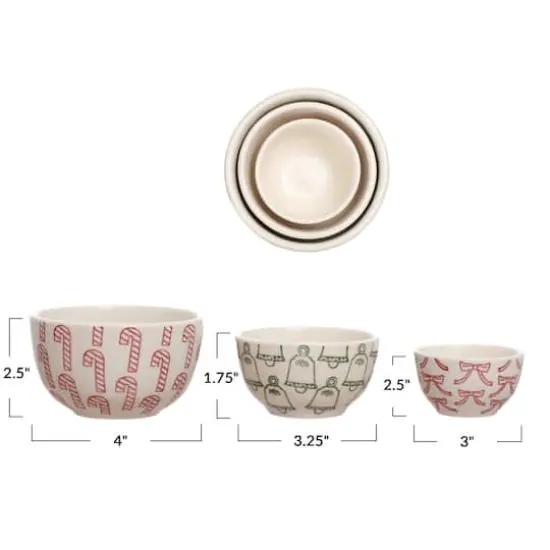 Hello Honey&reg; Red, Green & Cream Hand-Stamped Holiday Icon Stoneware Nesting Bowl Set {4}