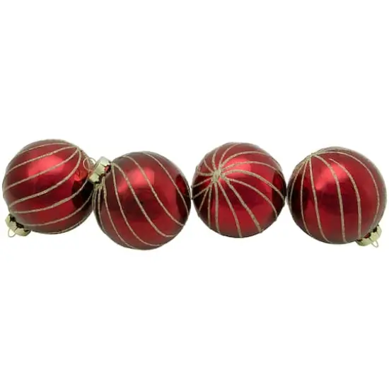 4ct. 3" Burgundy Red and Gold Glitter Striped Glass Christmas Ball Ornaments {1}