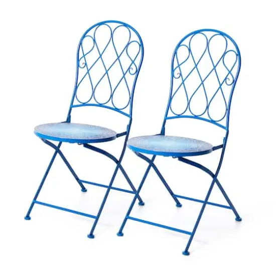 Glitzhome&reg; 36.5" Blue Outdoor Metal Folding Bistro Chairs with Ceramic Tiles Seat, 2ct. {1}
