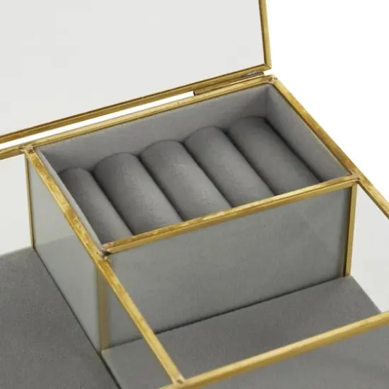 9" x 6" x 3" Clear & Gold Glass & Metal Jewelry Box with Chain Accent & Fabric Ring Slots {7}