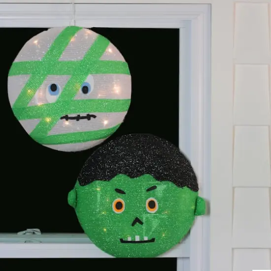 14" LED Mummy & Frankenstein Hanging Outdoor Halloween Decoration Set {3}