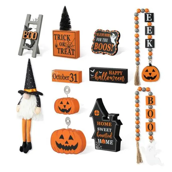 Glitzhome&reg; Halloween Wood Word Signs & Fabric Gnome D&eacute;cor Set {1}