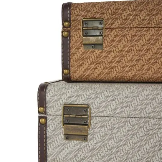 Taupe & Brown Vintage-Style Studded Woven Decorative Trunk Set {9}