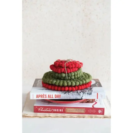 Hello Honey&reg; 4" Red & Green Handmade Wool Felt Ball Coaster Set {4}